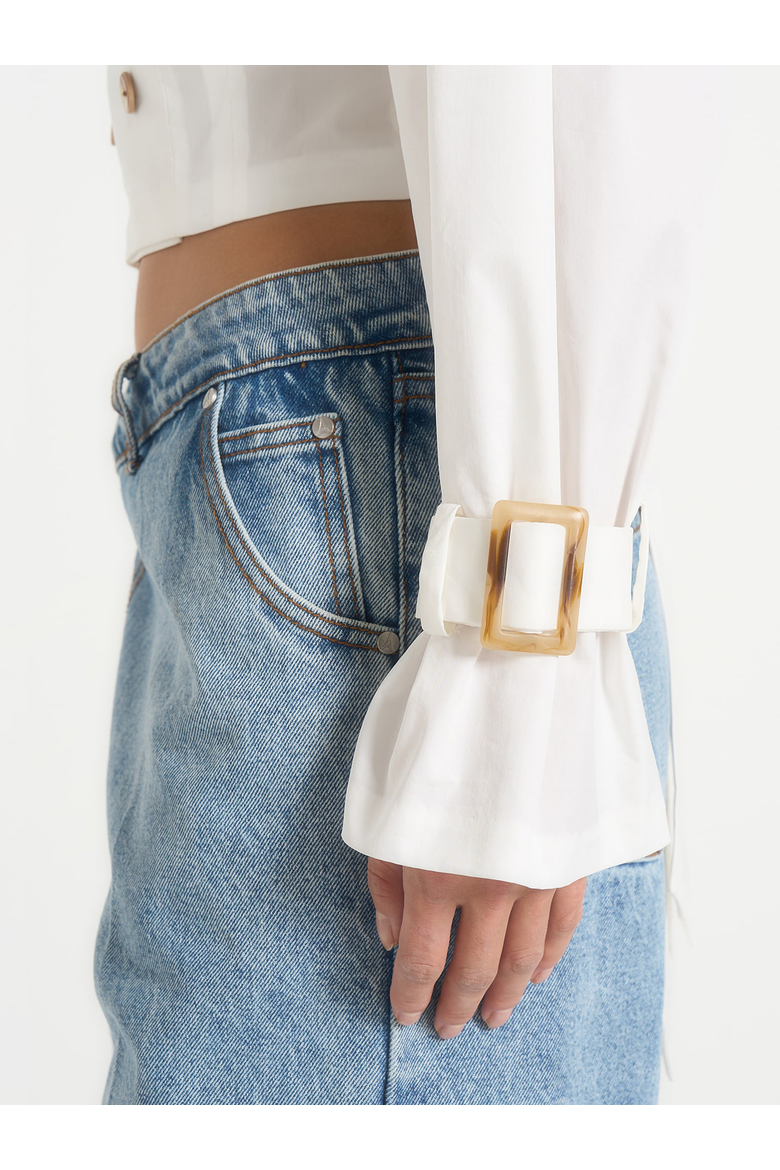 Andrea Double Breasted Cropped Shirt With Balloon Sleeves, Alternate, color, White