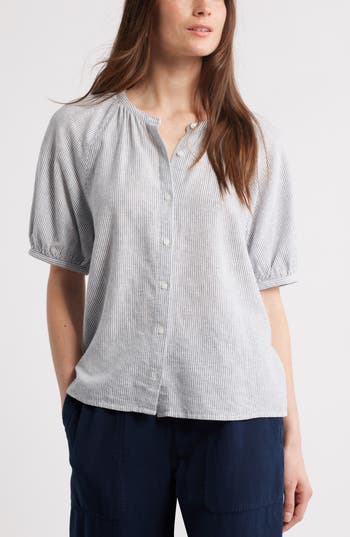Caslon ® Stripe Linen Blend Puff Sleeve Top In White