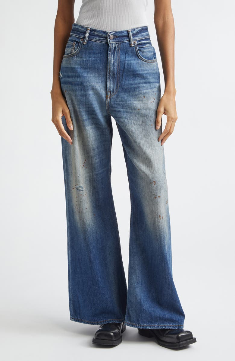 Acne Studios Distressed and Dirtied Regular Fit Wide Leg Jeans, Main, color, Mid Blue