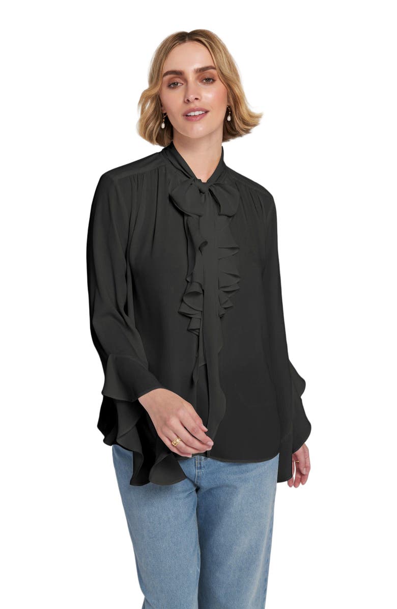 ELLE Collection Flounce-Trimmed Tie-Neck Blouse Top, Alternate, color, Black