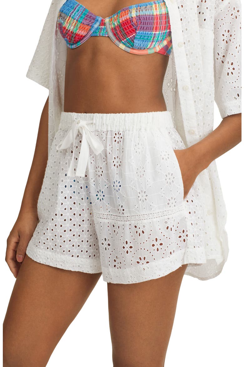 Embroidered Eyelet Cotton Cover-Up Shirt & Shorts Set, Alternate, color, WHITE