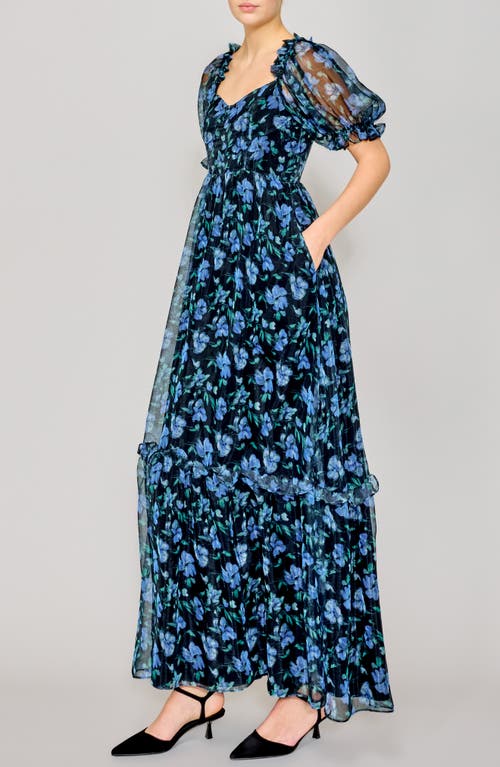 Melloday Floral Chiffon Gown In Black Blue Multi