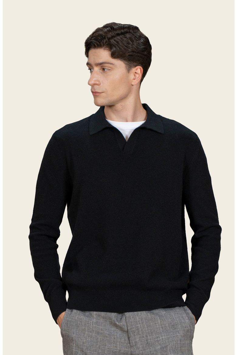 Olivier Birdseye Cashmere Long Sleeve Polo, Main, color, Black