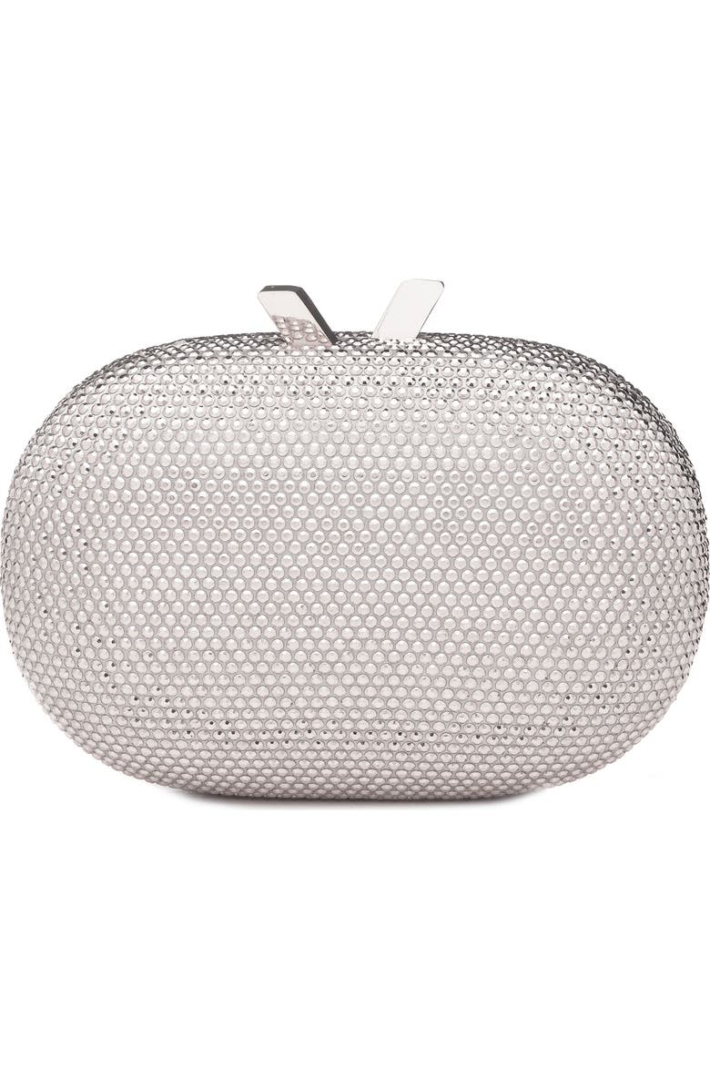 Olga Berg Ace Crystal Oval Clutch, Main, color,
