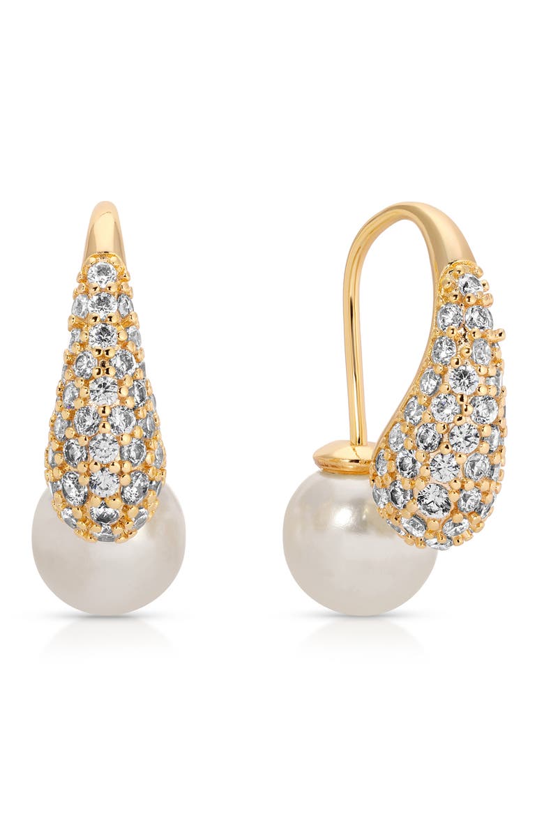 Pavé Teardrop & Freshwater Pearl Front Back Earrings, Main, color, GOLD