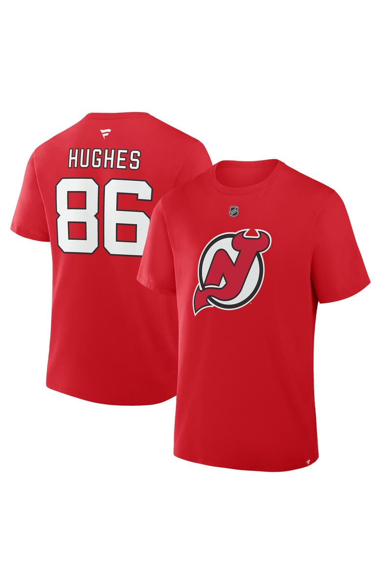 FANATICS Men's Fanatics Jack Hughes Red New Jersey Devils Authentic Stack Name & Number T-Shirt, Main, color, Red