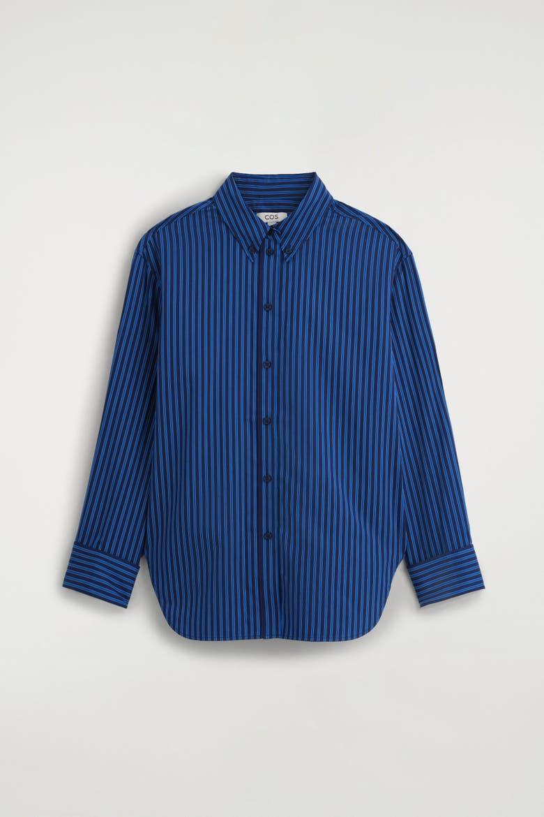 Folded-cuff Cotton Shirt, Alternate, color, BLUE / STRIPED