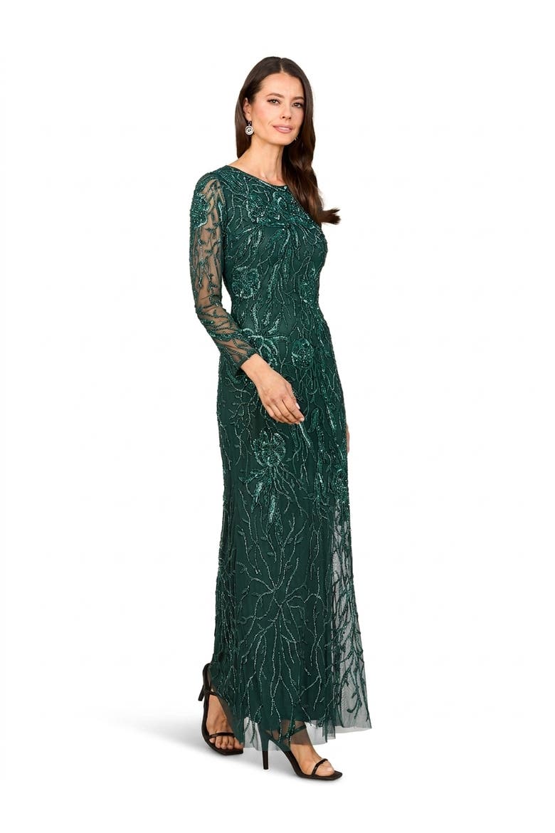 High Neck, Long Sleeve Beaded Gown, Main, color, Teal