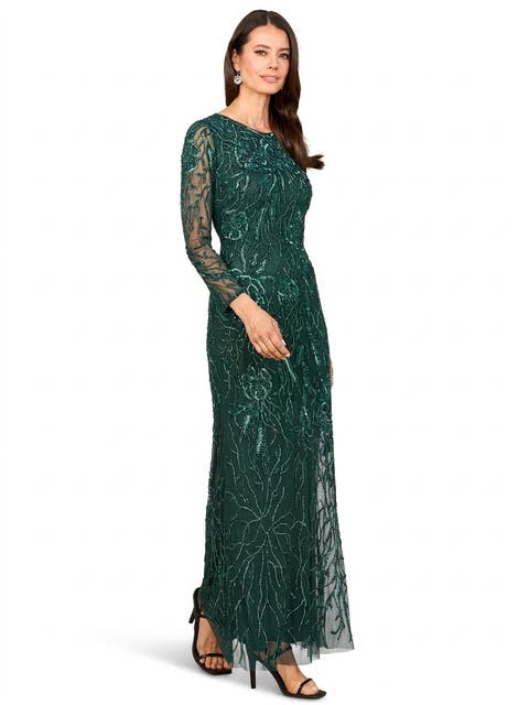 High Neck, Long Sleeve Beaded Gown