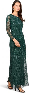 LARA New York High Neck, Long Sleeve Beaded Gown