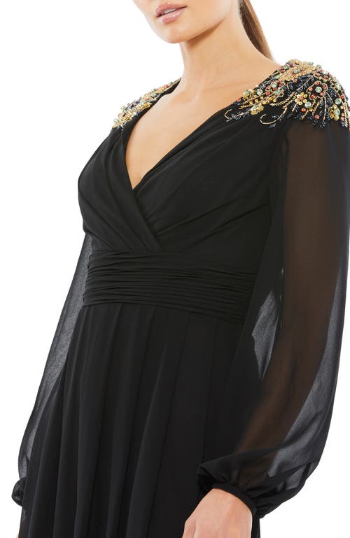 Mac Duggal Embellished Shoulder Blouson Sleeve Evening Gown In Black Gold
