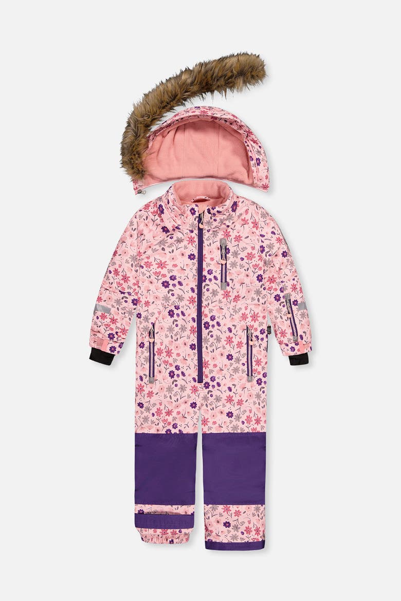 Play Flower Faux Fur Hood & Expandable Sleeve One Piece Snowsuit, Alternate, color, Pink Printed Mini Flowers
