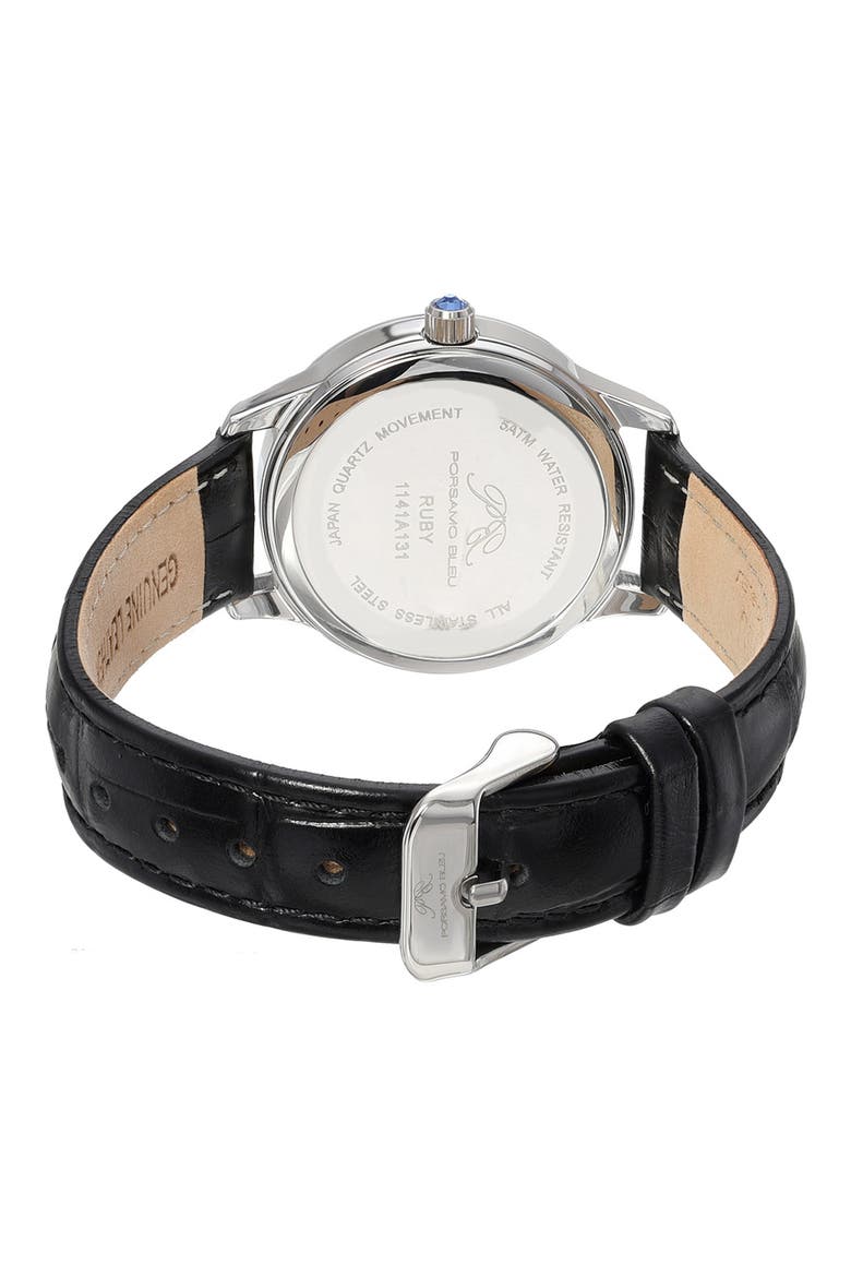 Ruby Sunray Croc Embossed Leather Strap Watch, 34mm, Alternate, color, SILVER/BLACK