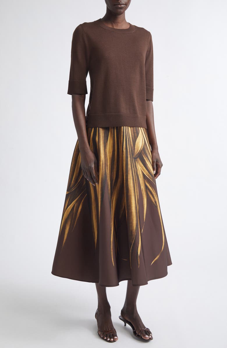 Oscar de la Renta Palm Leaves Print Faille Circle Skirt, Alternate, color, Brown/ Brown
