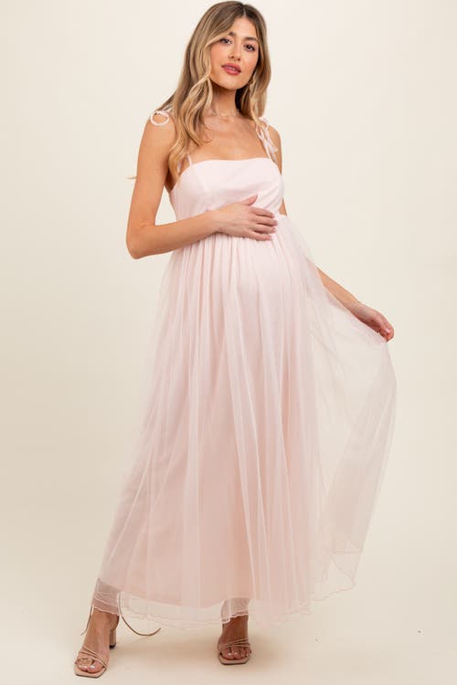 Pinkblush Square Neck Shoulder Tie Tulle Maxi Dress In Pink