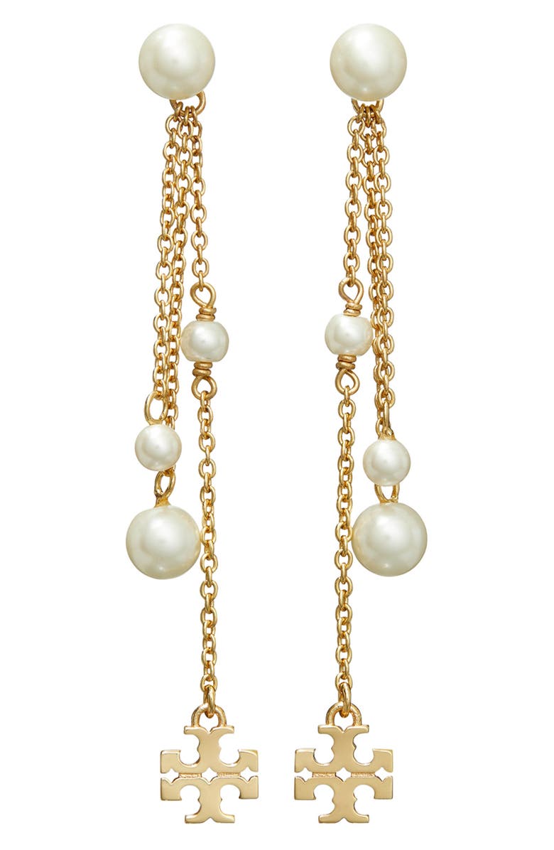 Tory Burch Kira Imitation Pearl Linear Drop Earrings, Main, color,