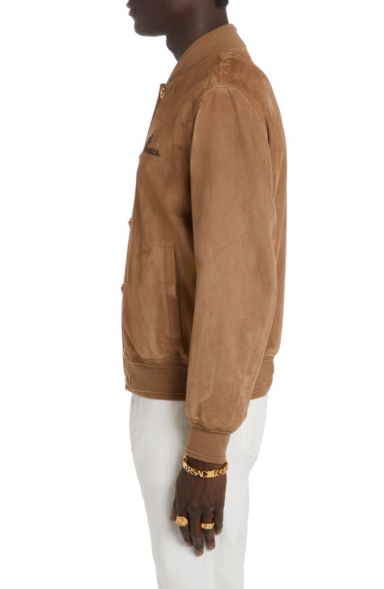 Versace Medusa Embroidered Suede Bomber Jacket, Alternate, color, 