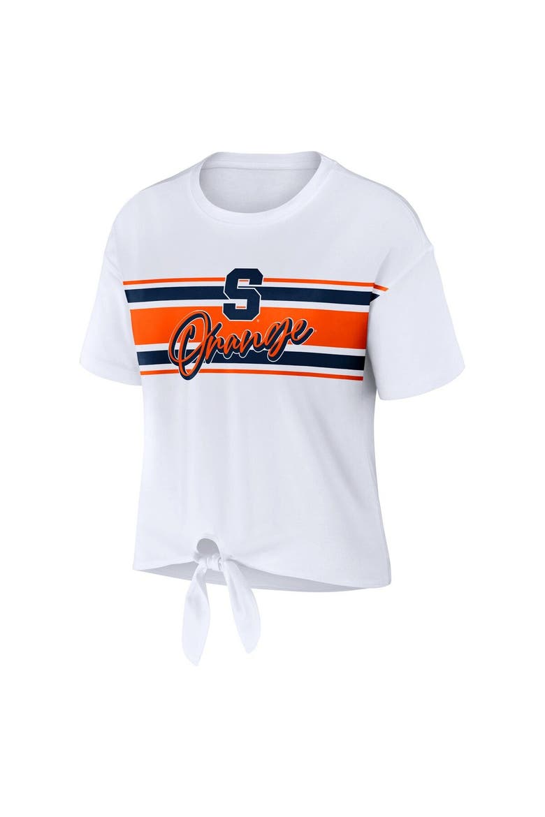 Women's WEAR by Erin Andrews White Syracuse Orange Striped Front Knot Cropped T-Shirt, Alternate, color, White