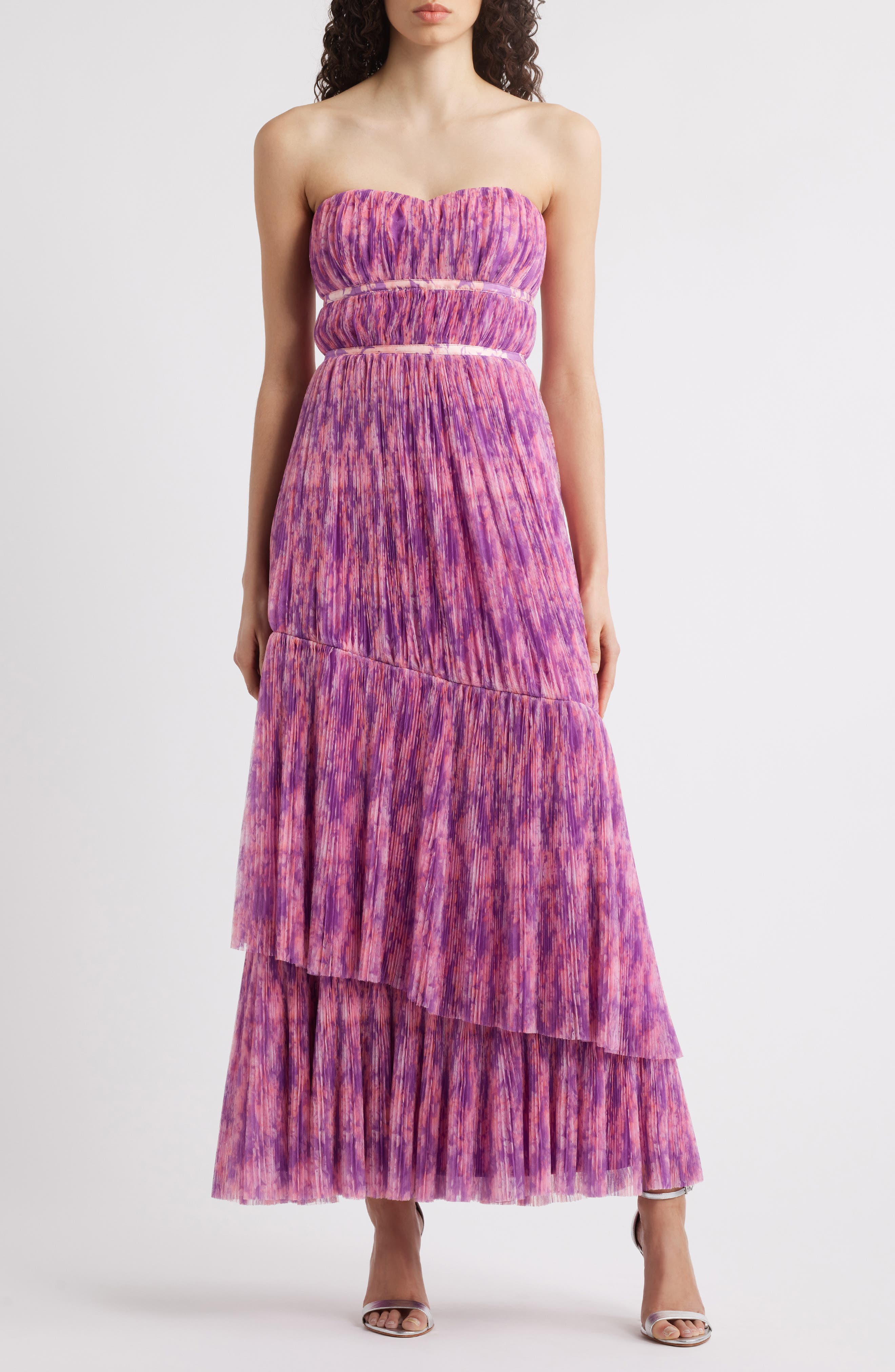 Print Plisse Layered Ruffle Strapless Gown