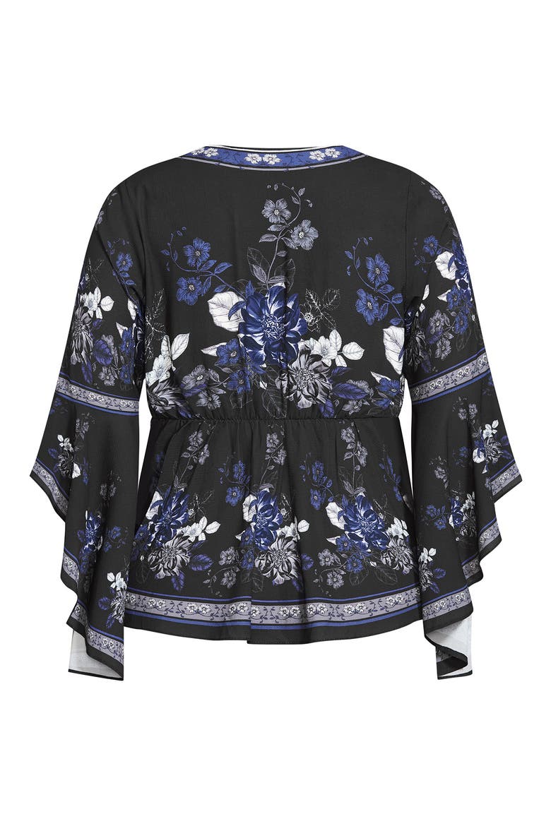 Ashley Floral Surplice Bell Sleeve Top, Alternate, color, BLACK EPIC BORDER
