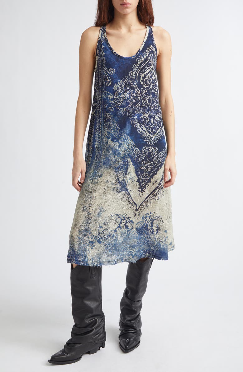 R13 Trompe l'Oeil Bleached Paisley Tank Dress, Main, color, Blue Distressed Medallion
