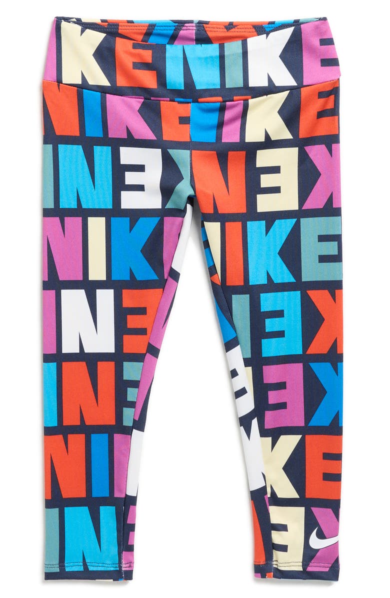 Nike Kids' Block Logo Print Leggings, Main, color, Obsidian
