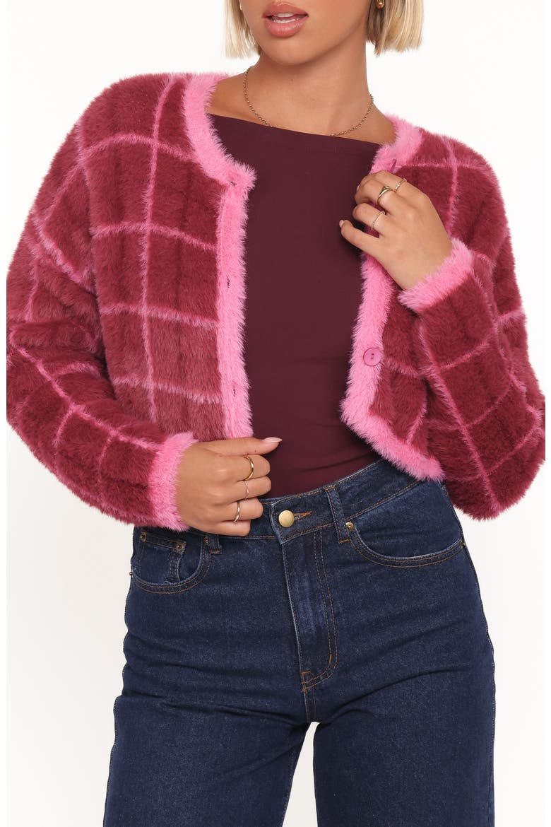 Viola Brushed Plaid Cardigan, Main, color, BURGUNDY