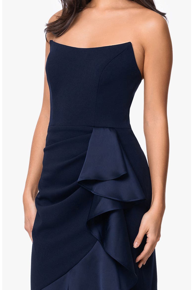 Satin Ruffle Detail Strapless Scuba Crepe Corset Gown, Alternate, color, NAVY
