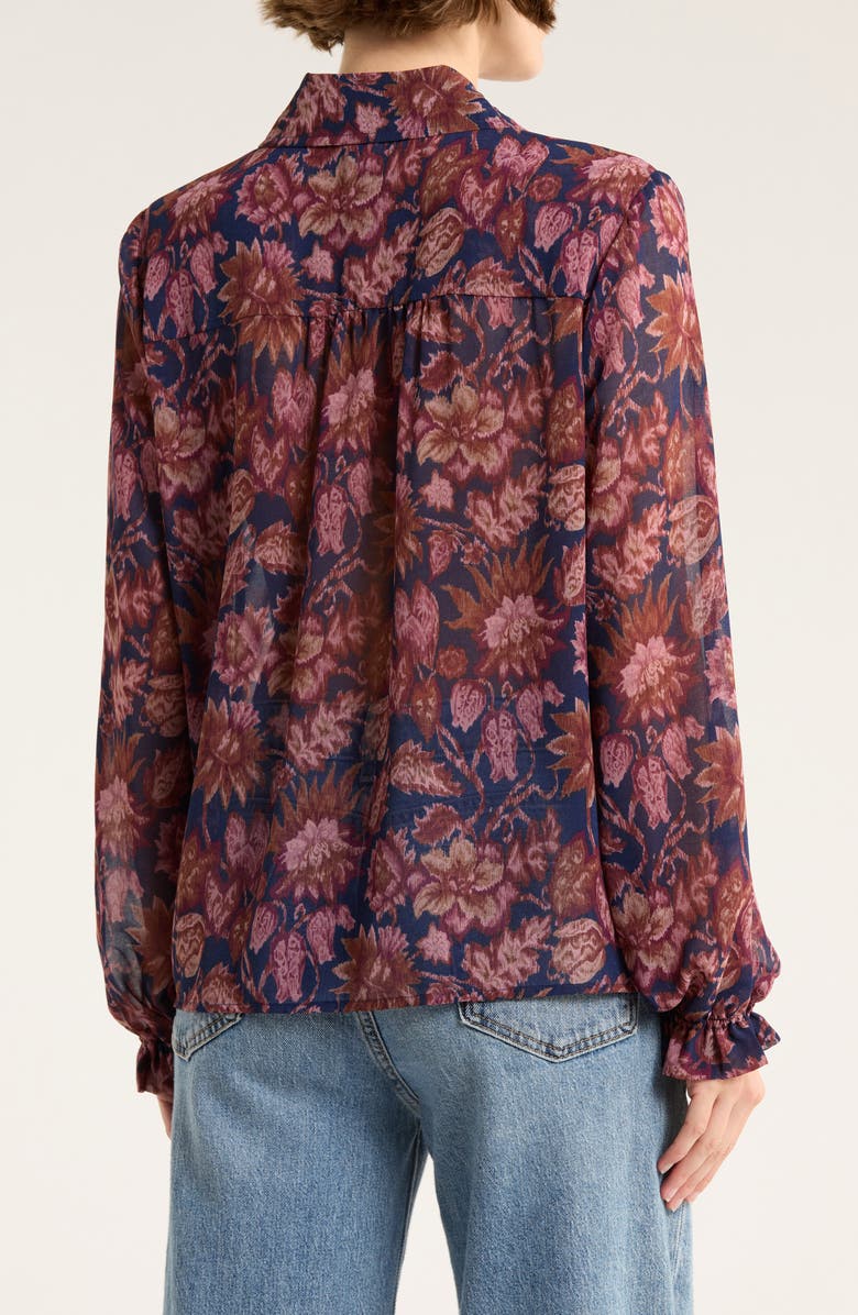 Melrose and Market Ruffle Chiffon Button-Up Shirt, Alternate, color, Navy- Purple Floral Streak