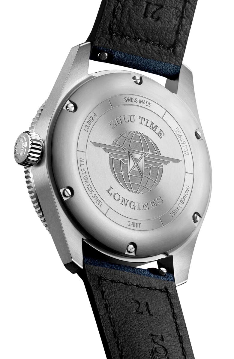 Longines Spirit Zulu Time GMT Automatic Leather Strap Watch, 39mm, Alternate, color, Blue
