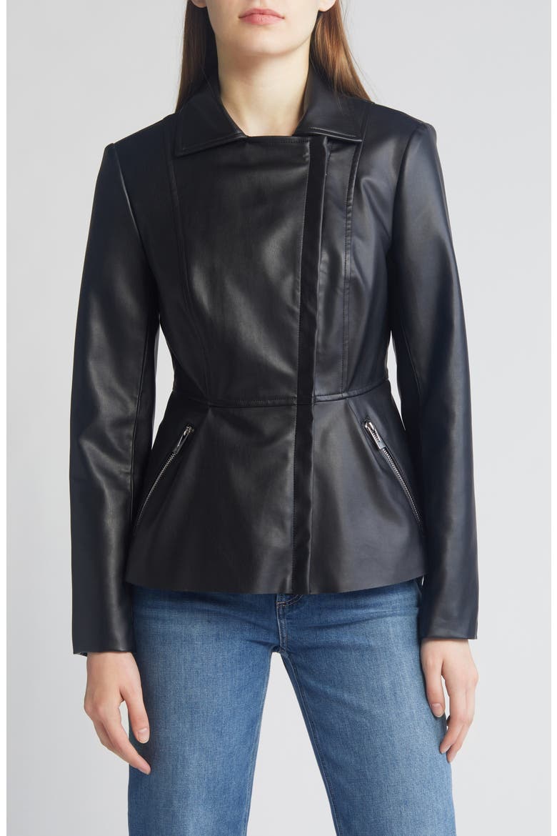 Peplum Faux Leather Jacket, Main, color, BLACK