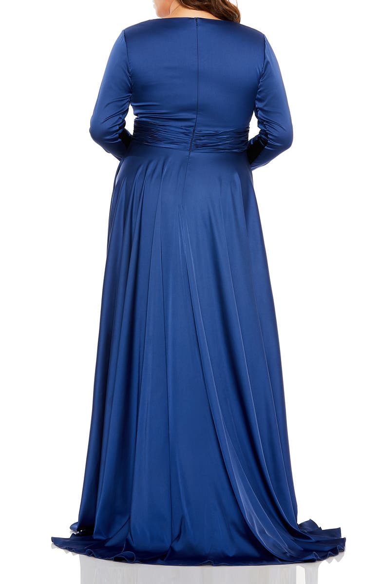 Mac Duggal Quarter Sleeve Satin V Neck A Line Gown, Alternate, color, Midnight