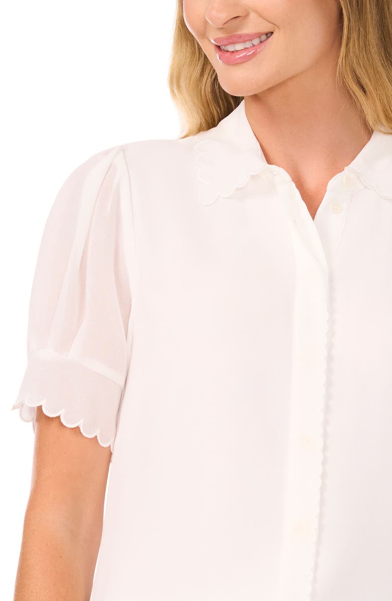 CeCe Scallop Trim Button-Up Shirt, Alternate, color, New Ivory White