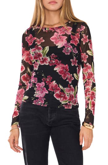 1.state Orchid Print Sheer Mesh Top In Brght Orchid