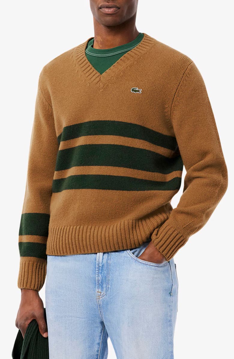 Lacoste Classic Stripe Wool V-Neck Sweater, Main, color, Date Brown/ Sinople