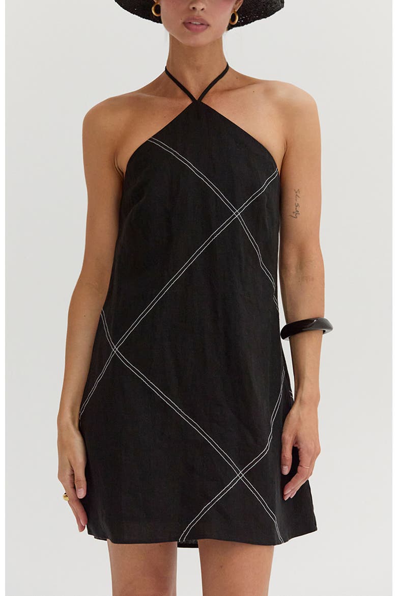 Contrast Stitch Halter Linen Mini Dress, Main, color, Black