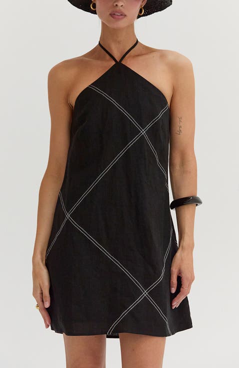 Contrast Stitch Halter Linen Mini Dress
