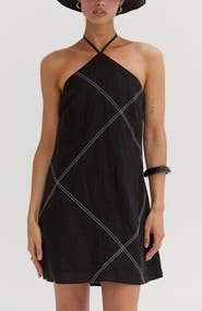 CRESCENT Contrast Stitch Halter Linen Mini Dress