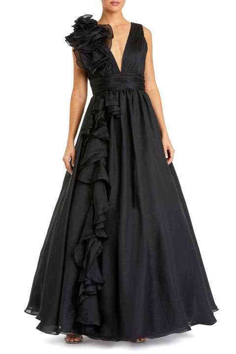 Petite Ruffle Shoulder V-Neck Chiffon Gown