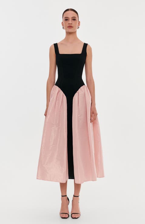 Corset Formal Occasion Midi Dress with Glossy Skirt in Black & Pink