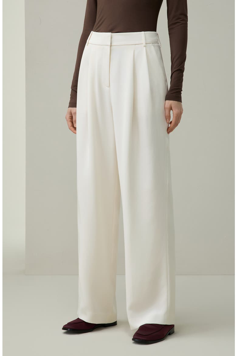 Silk Crepe Pleated Straight Trousers, Alternate, color, Natural White