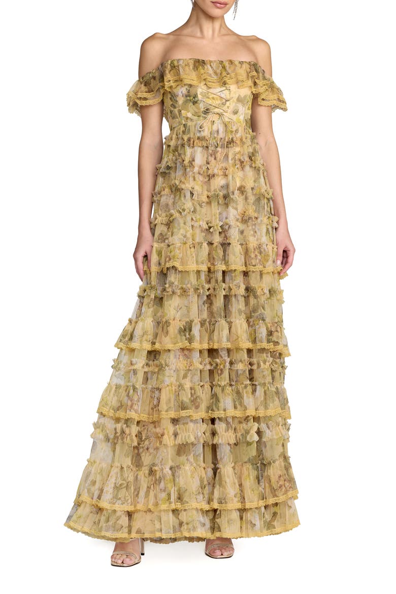 Floral Print Off-the-Shoulder Ruffle Tiered Mesh Gown, Main, color, Buttercream