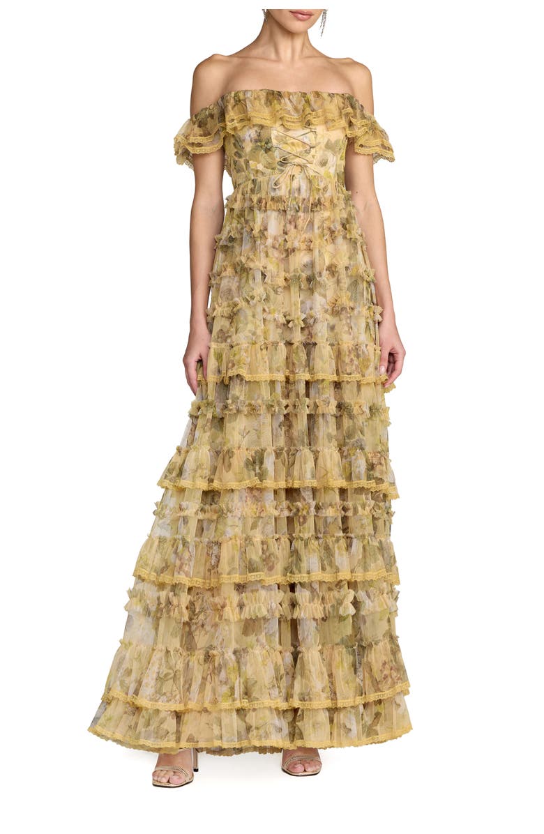 Mac Duggal Floral Print Off-the-Shoulder Ruffle Tiered Mesh Gown, Main, color, Buttercream