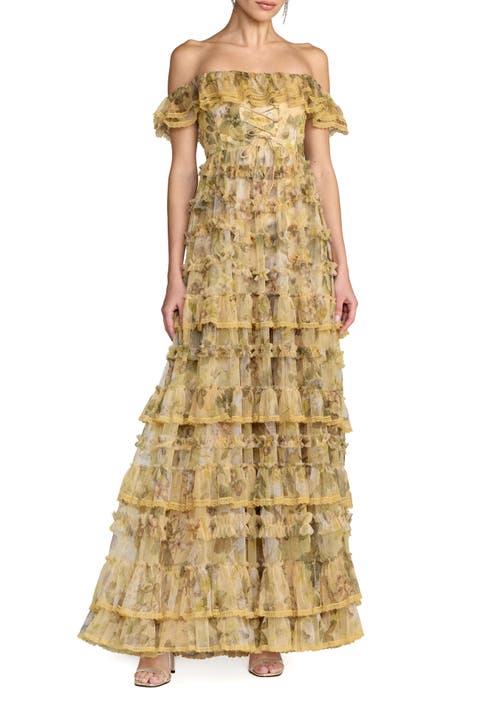 Floral Print Off-the-Shoulder Ruffle Tiered Mesh Gown