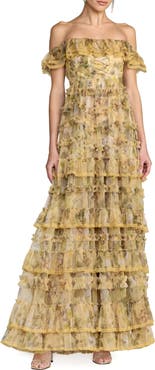 Mac Duggal Floral Print Off-the-Shoulder Ruffle Tiered Mesh Gown