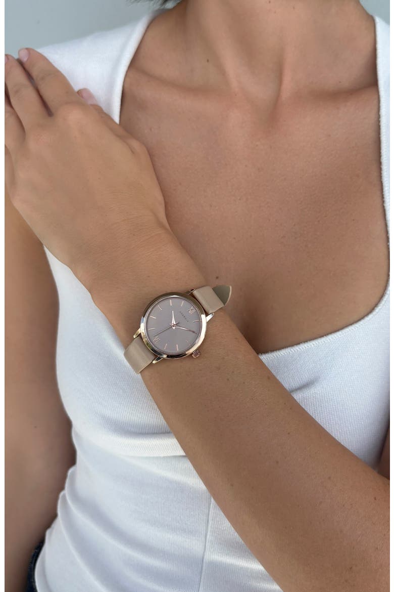 Lyon Quartz Faux Leather Strap Watch, 32.5mm, Alternate, color, TAUPE/ ROSE GOLD