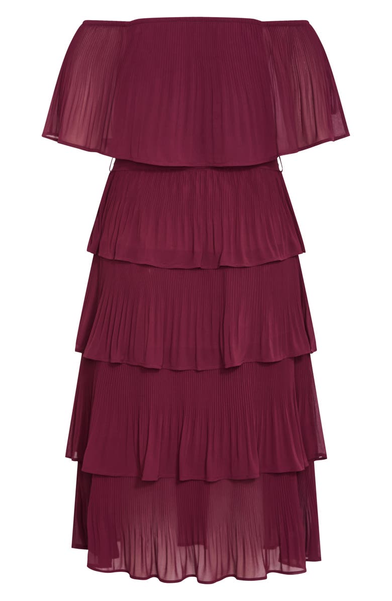 City Chic Night Garden Tiered Release Pleat Off the Shoulder Maxi Dress, Alternate, color, Red Burgundy