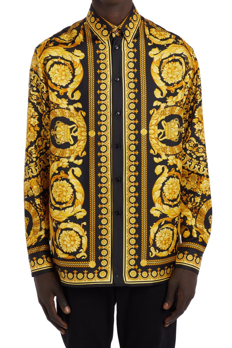 Barocco Silk Button-Up Shirt, Main, color, BLACK GOLD
