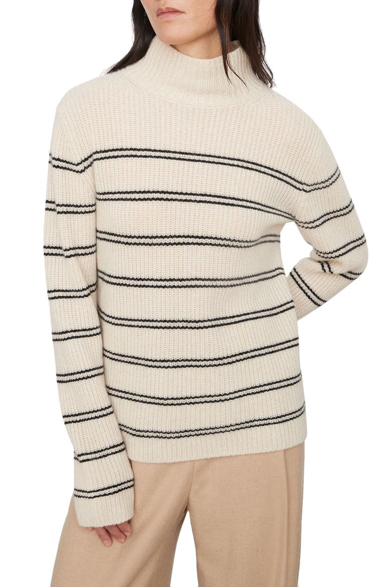 Stripe Shaker Stitch Wool Blend Mock Neck Sweater, Main, color, HEATHER ECRU/ BLACK