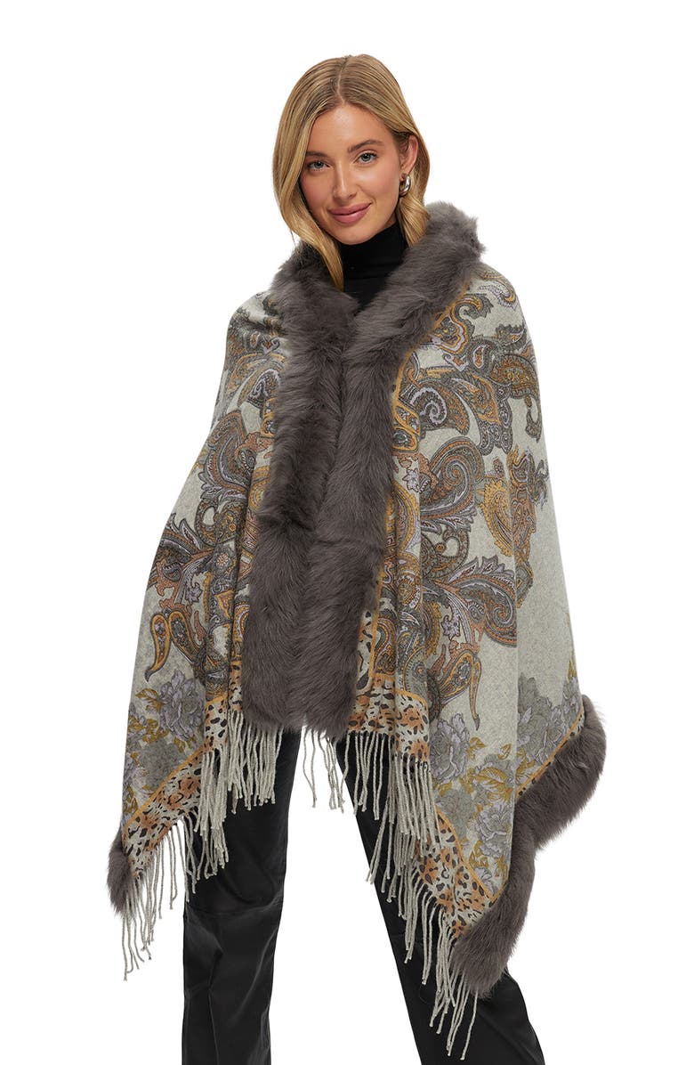 GORSKI Double Faced Cashmere Stole With Toscana Lamb Tape Top And Bottom, Main, color, Gray Paisley/Animal Print
